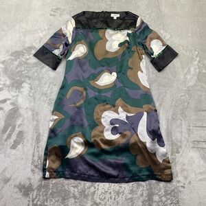 Axara Paris 100% Silk Abstract Floral Shift Dress Green Brown Black Size 8 US